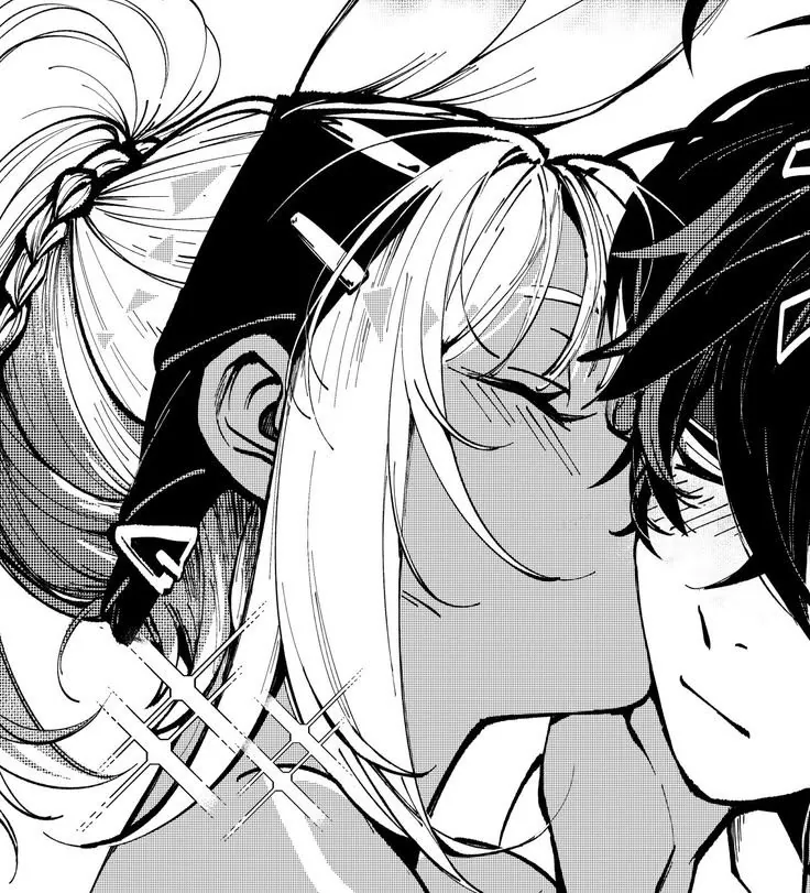 Casal mangá preto e branco beijo