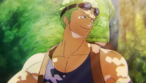 Zoro sorrindo com cabelo verde