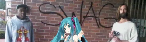Hatsune Miku com rapazes e Jesus