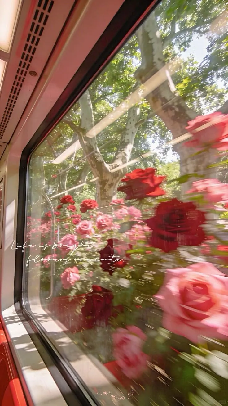 Janela de trem com rosas vermelhas