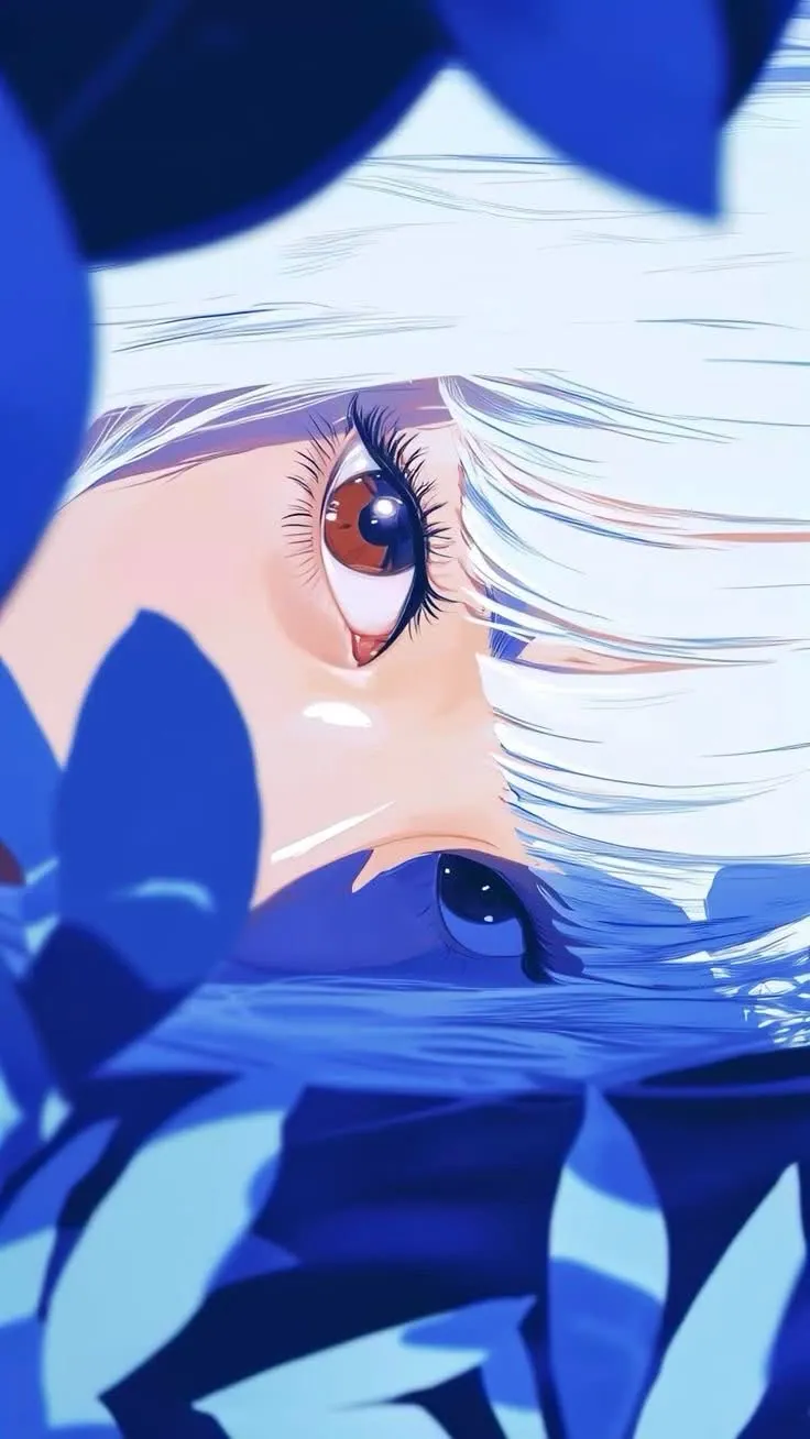 Olhar de anime com flores azuis