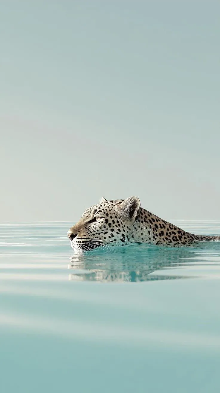 Leopardo nadando na agua clara