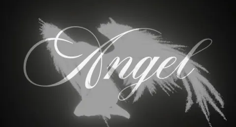 banner preto e branco com palavra angel