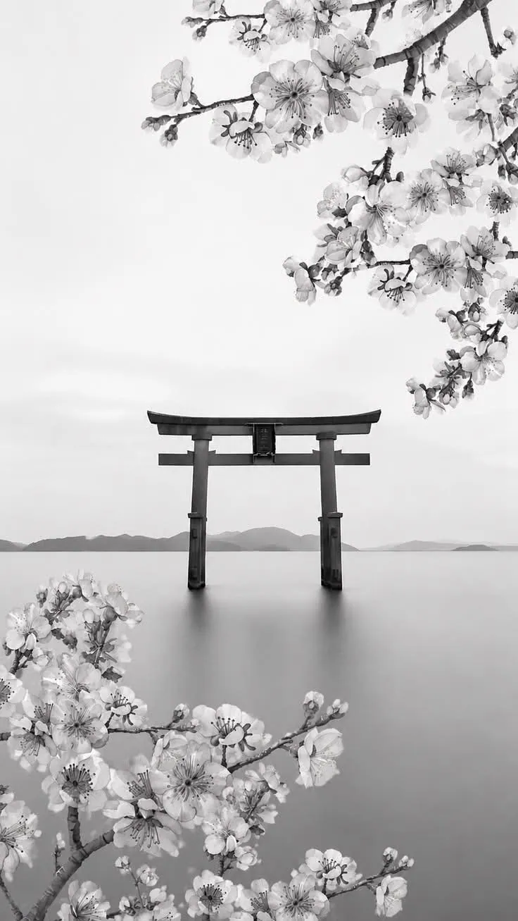 Torii e flores de cerejeira