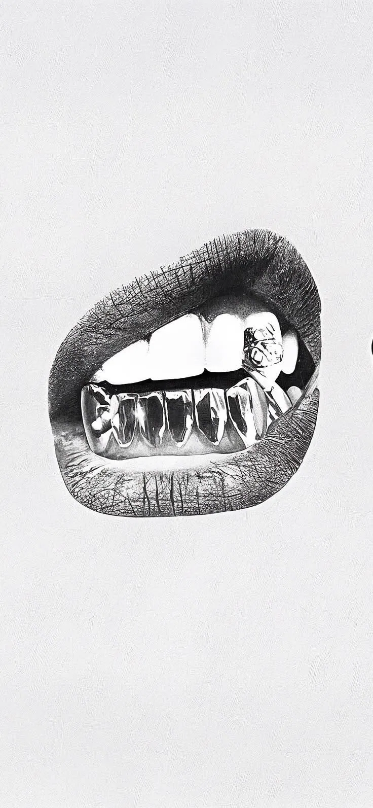 Boca com grillz em preto e branco