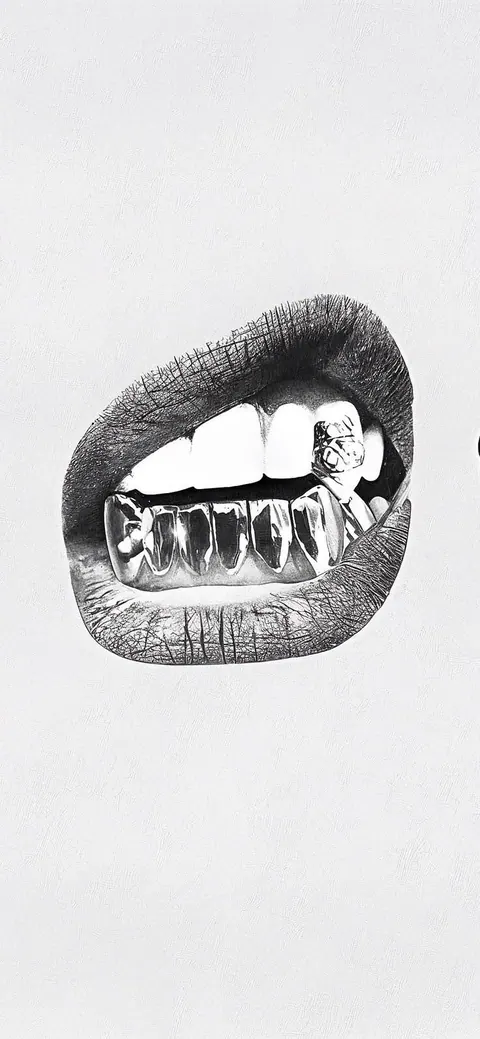 Boca com grillz em preto e branco