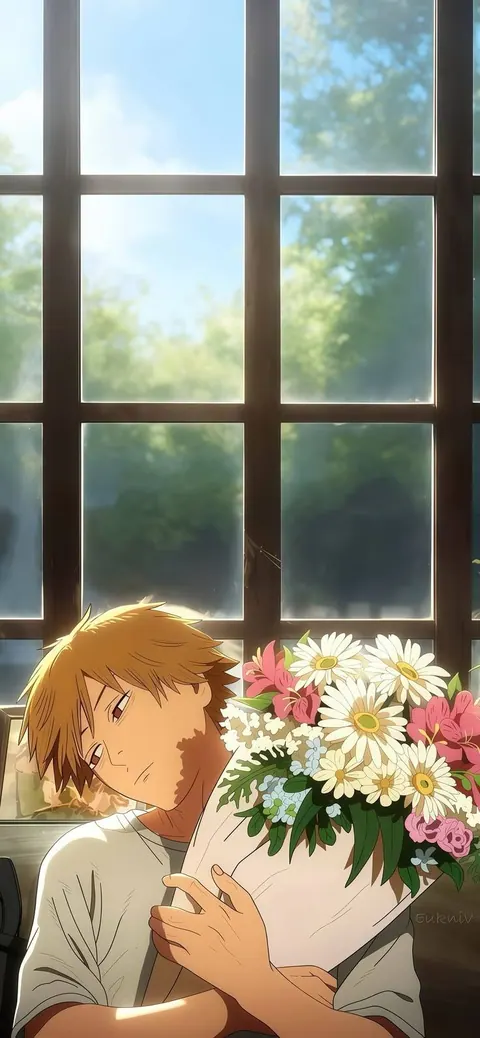 Garoto com buquê de flores na janela