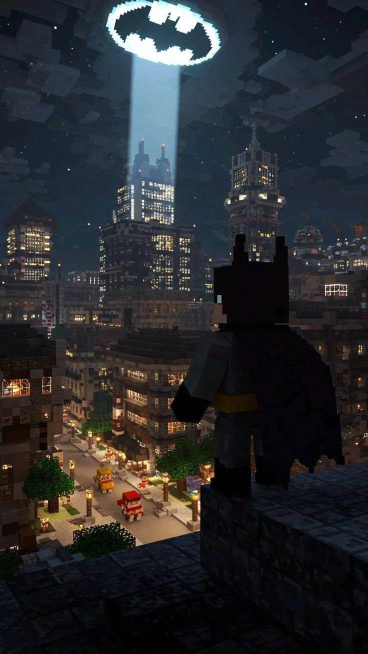 Batman olhando a cidade em estilo minecraft
