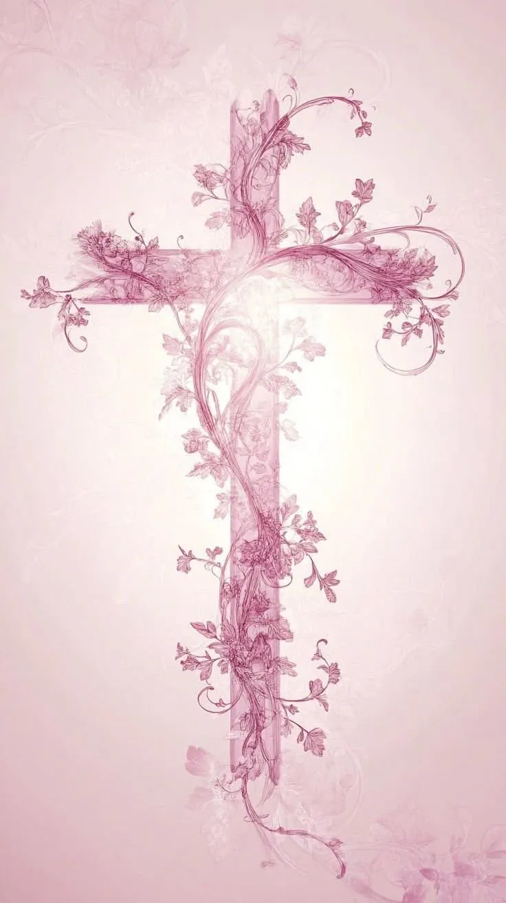 Cruz rosa com folhas e galhos