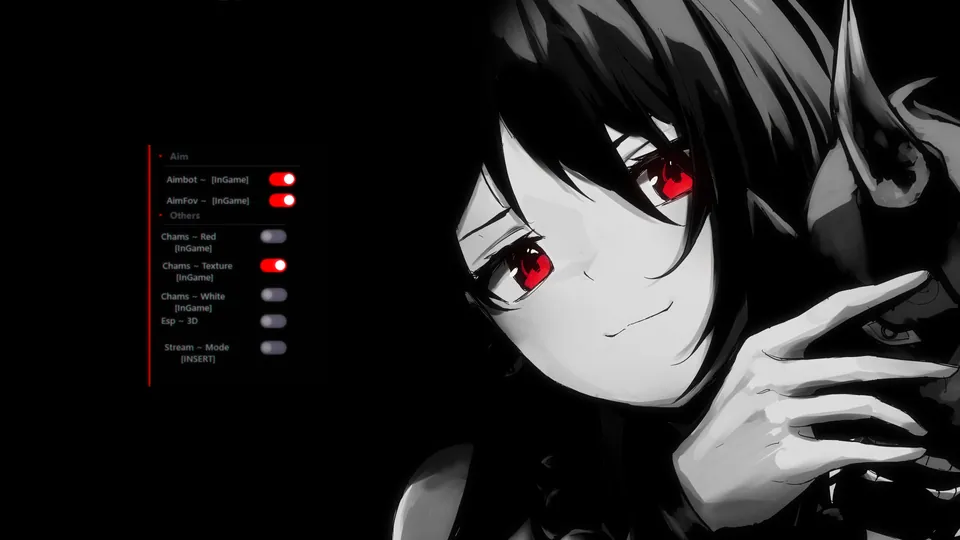 Garota anime com olhos vermelhos e interface
