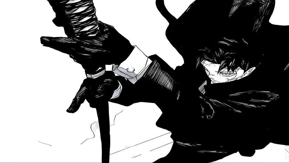 personagem de mangá com espada em preto e branco