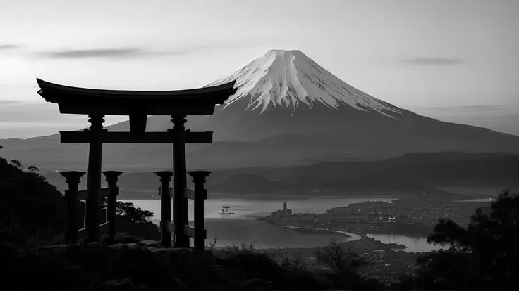 Monte Fuji com torii em preto e branco