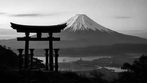 Monte Fuji com torii em preto e branco
